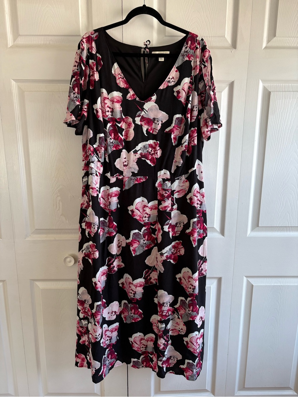 Sejour Black Pink Floral Orchid V-Neck Mother Of Bride Midi Dress 20W Cocktail